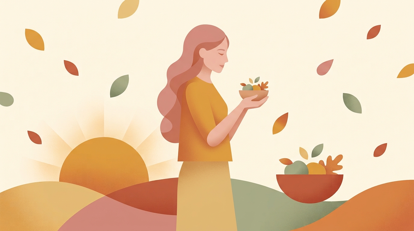 donna astratta con cibo d'autunno